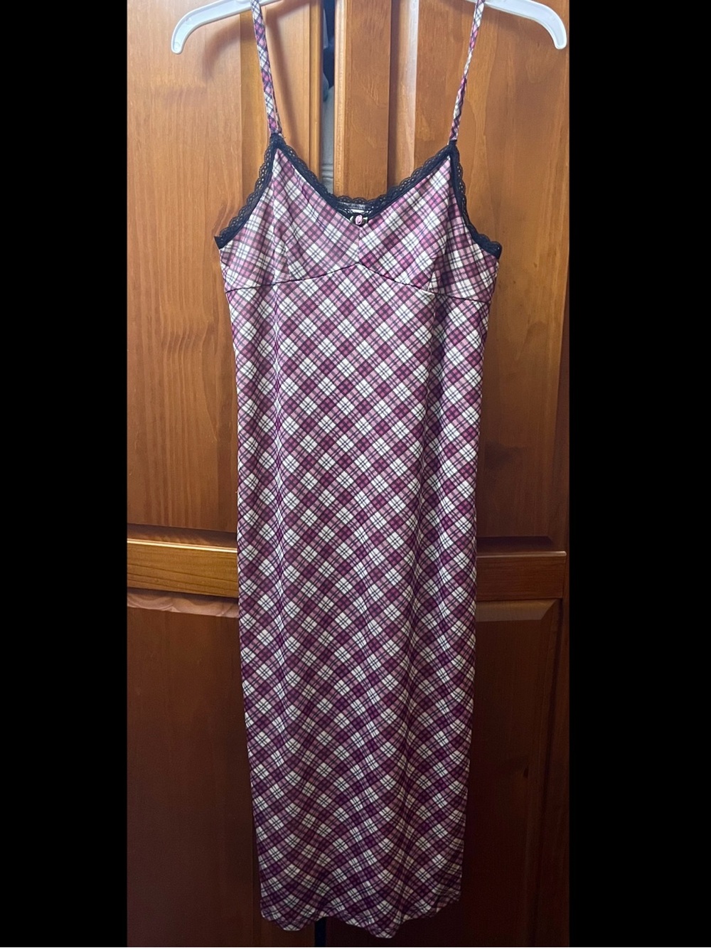 Plaid Slip Dress with Lace Trim